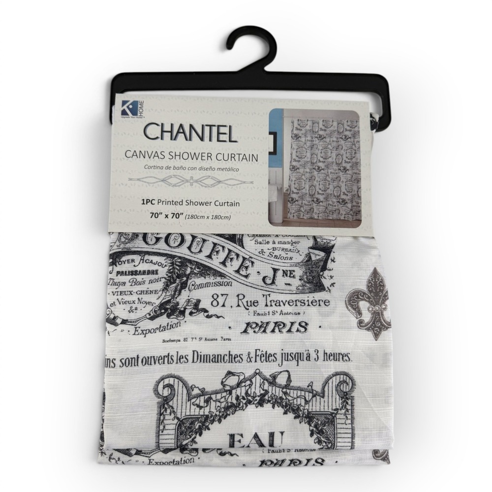 Kashi Home Chantel Canvas Shower Curtain Paris French Script Fleur-de-lis 70x70